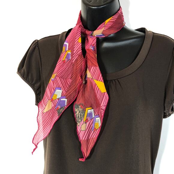 Red Geometric Print Scarf, Yellow Purple Animal Head Sheer Coquette Office Retro - Picture 3 of 6